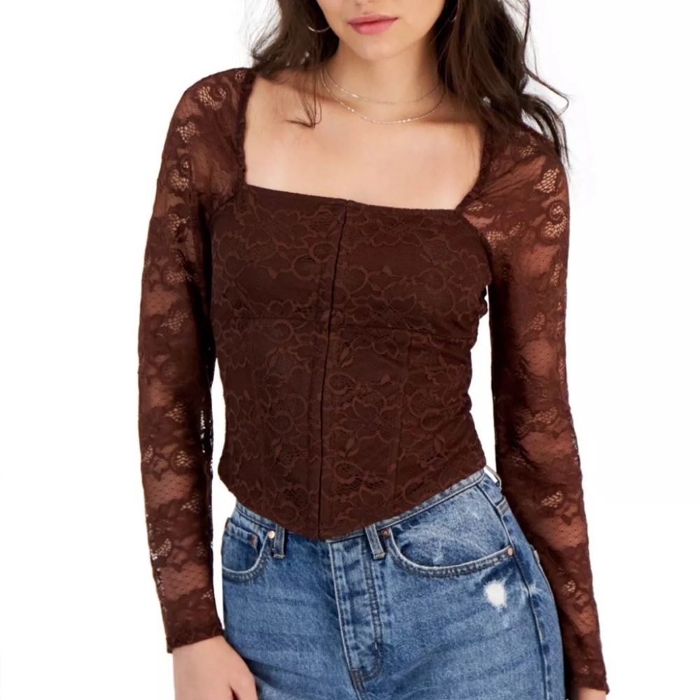 Madden Girl Juniors' XL Lace Long Sleeve Corset Top Blouse